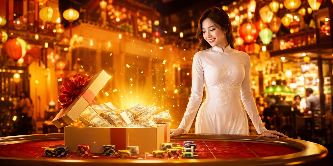 Người phụ nữ mặc áo dài truyền thống tại Hội An, thư giãn với ứng dụng casino trực tuyến
